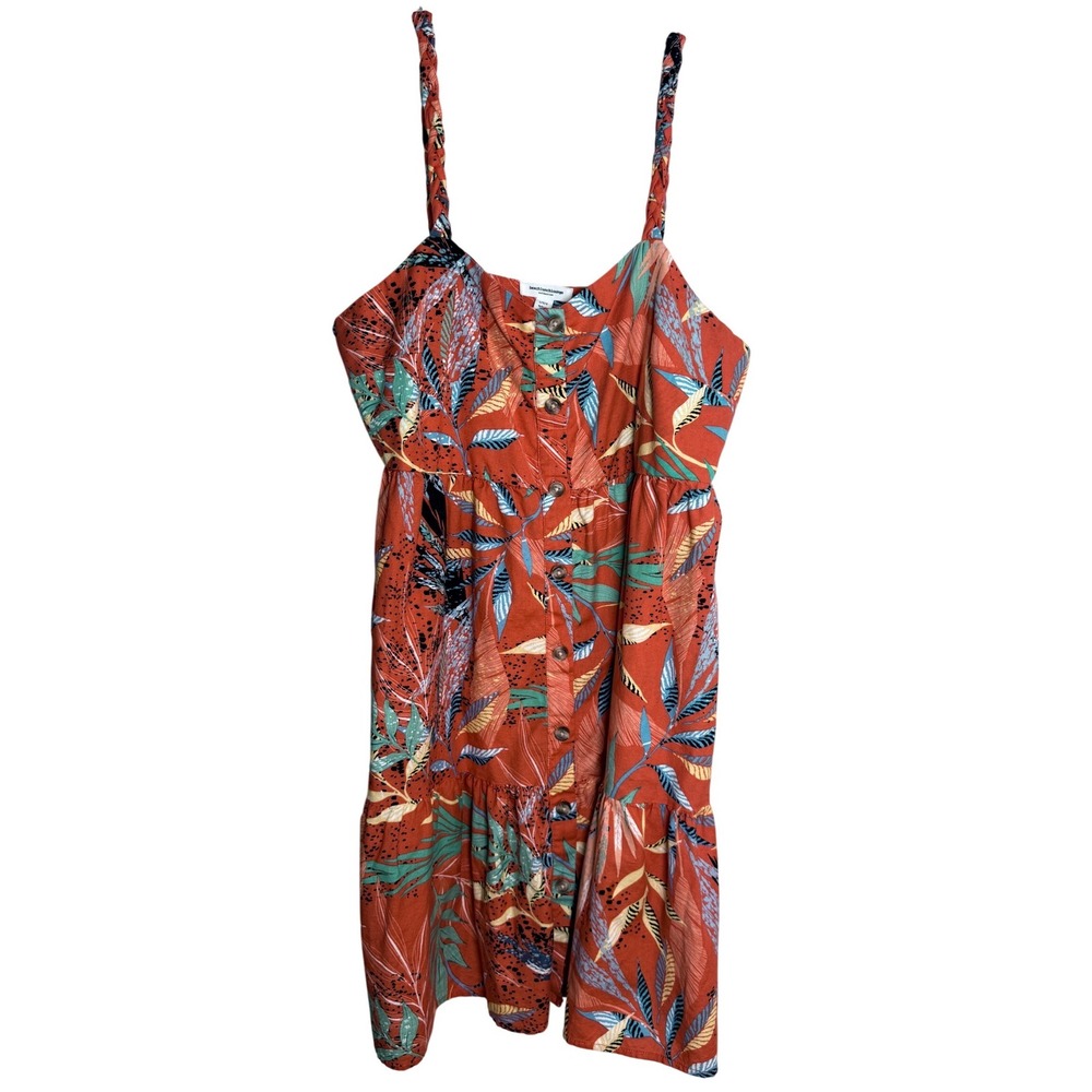 BeachLunchLounge Mini Dress Womens Large Orange Tropical Linen Cotten Blend Boho